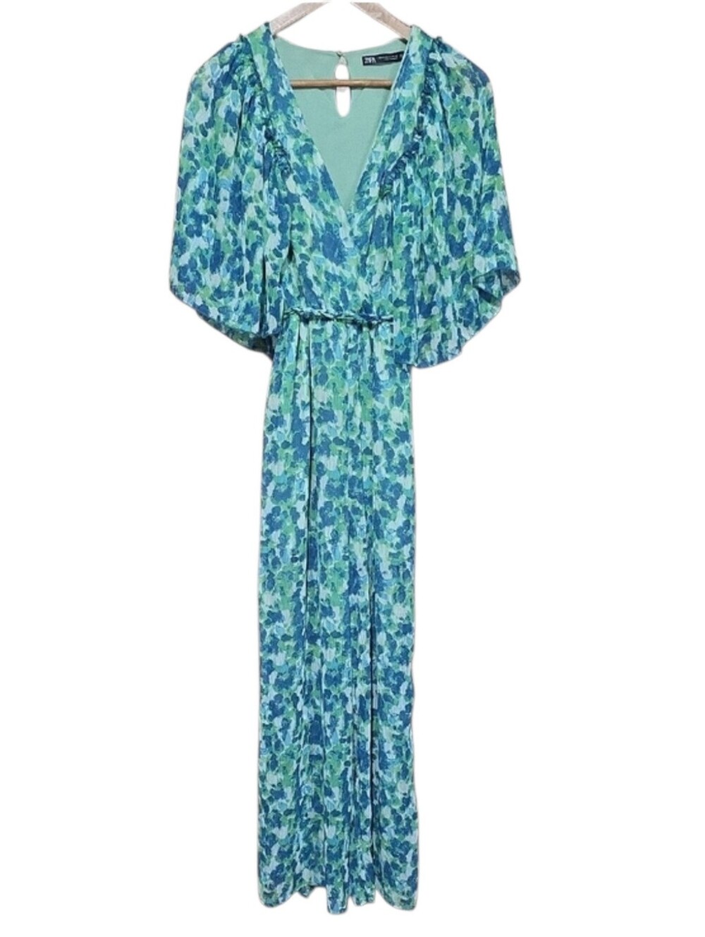 Zara Jumpsuit Blue Green Floral V‑Neck XS